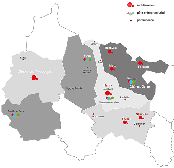 carte Grand Est des antennes permanences et pôles entrepreneuriaux d'Alexis